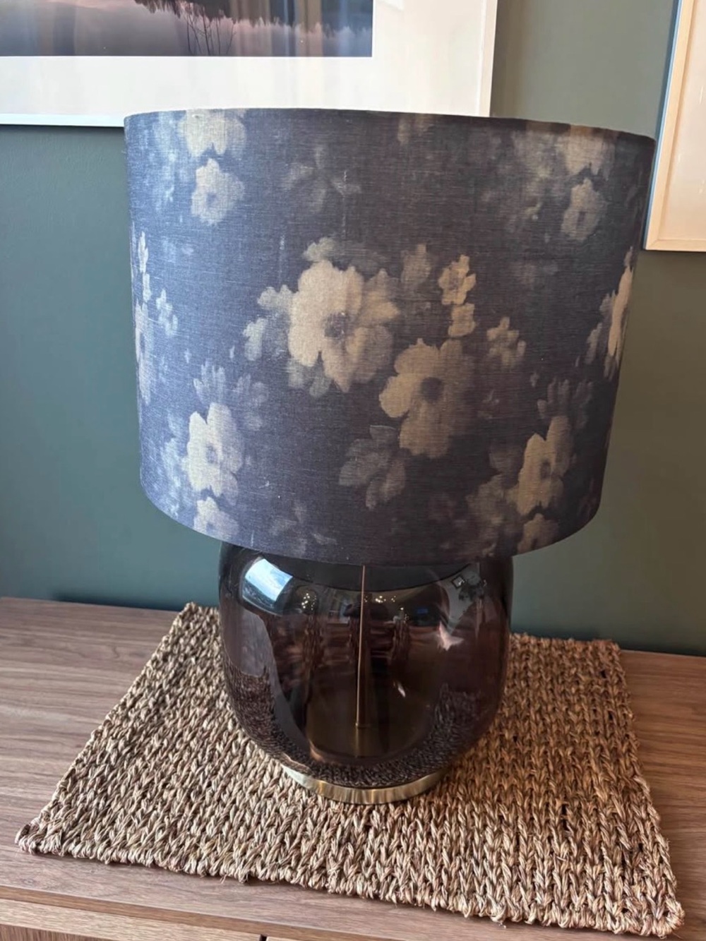 Floral Green Table Lamp with Smoky Green Glass Base